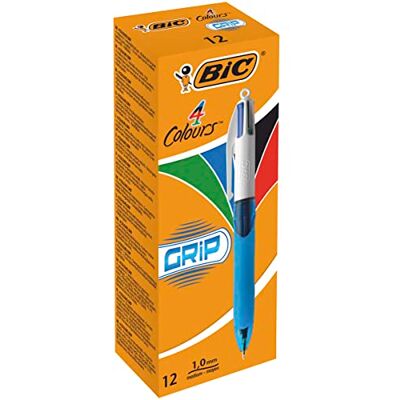 BIC 4 Colours Grip Retractable Ballpoint Pens Box of 12- Medium Point (1.0 mm) Extra-Comfort Grip Translucent Blue Barrel BIC 4 Colours Grip Retractable Ballpoint Pens Box of 12- Medium Point (1.0 mm) Extra-Comfort Grip Translucent Blue Barrel
