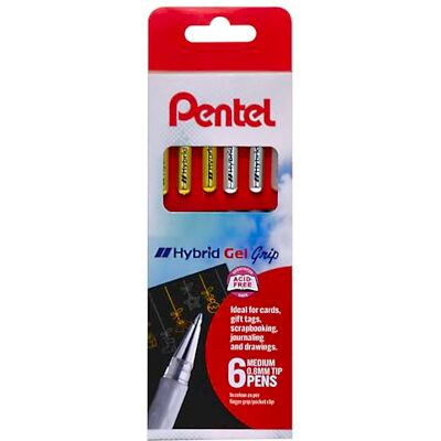 Pentel Hybrid Grip Gel Pen in Wallet of 6 Pieces Gold, Silver, White, K118/6W12 Pentel Hybrid Grip Gel Pen in Wallet of 6 Pieces Gold, Silver, White, K118/6W12