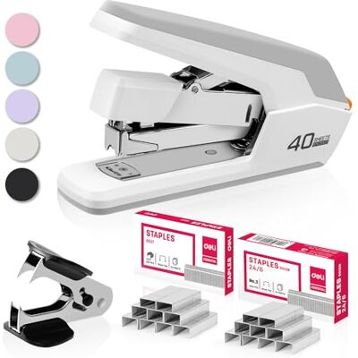 deli Effortless Desktop Stapler, Heavy Duty Stapler, 40-50 Sheet Capacity, One Finger, No Effort, Includes Staples & Staple Remover, White deli Effortless Desktop Stapler, Heavy Duty Stapler, 40-50 Sheet Capacity, One Finger, No Effort, Includes Staples & Staple Remover, White