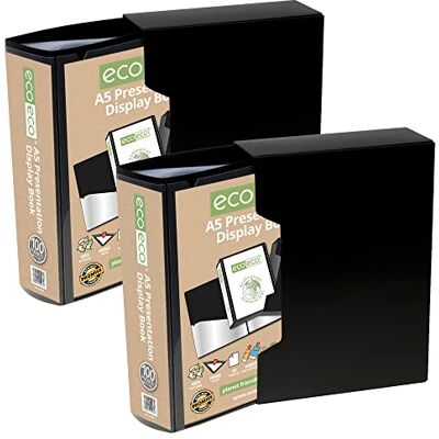 eco-eco A5 Size 50% Recycled 100 Pocket Black Presentation Display Book, Storage Case Portfolio Art Folder with Plastic Sleeves with Black Display Box, (Pack of 2 Books) eco065x2 eco-eco A5 Size 50% Recycled 100 Pocket Black Presentation Display Book, Storage Case Portfolio Art Folder with Plastic Sleeves with Black Display Box, (Pack of 2 Books) eco065x2
