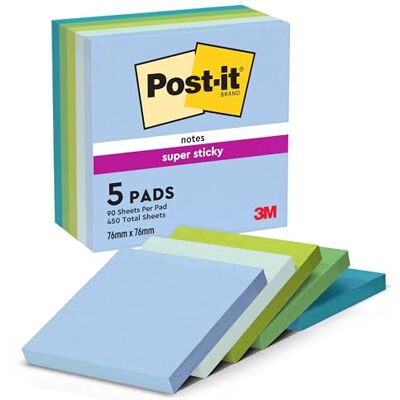 Post-it Super Sticky Notes, 5 Pads (450 Sheets), 76 mm x 76 mm, Blue, Green Post-it Super Sticky Notes, 5 Pads (450 Sheets), 76 mm x 76 mm, Blue, Green