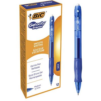 BIC Gel-ocity Original, Gel Ink Pens, With a Soft Grip, Seamless Smooth Writing, in Blue, Medium: 0.7mm, Pack of 12 BIC Gel-ocity Original, Gel Ink Pens, With a Soft Grip, Seamless Smooth Writing, in Blue, Medium: 0.7mm, Pack of 12