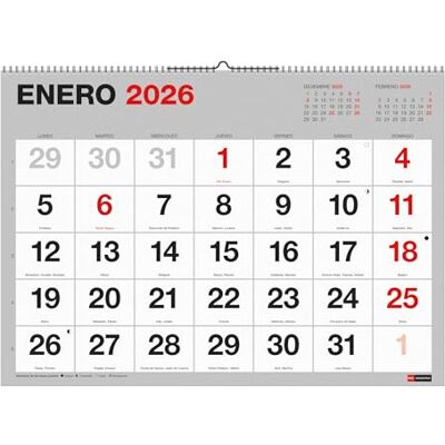 Miquelrius 2026 Basic Wall Calendar, Yearly Organiser 590 x 420 mm, with Note Space, Large Numbers, Double Spiral Binding, 12 Month Planner XL, Spanish Miquelrius 2026 Basic Wall Calendar, Yearly Organiser 590 x 420 mm, with Note Space, Large Numbers, Double Spiral Binding, 12 Month Planner XL, Spanish