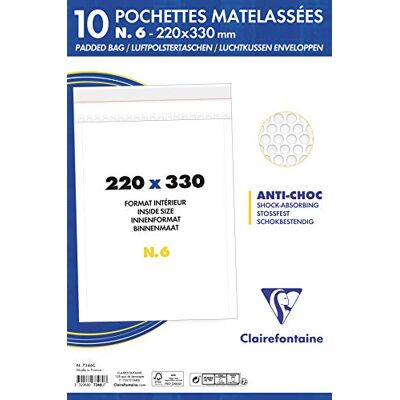 Clairefontaine 7346C Pack of 10 Padded Envelopes Lined with Bubble Wrap Size: 220x330 mm 90g/m² White Colour Mailing Manufactured in France Clairefontaine 7346C Pack of 10 Padded Envelopes Lined with Bubble Wrap Size: 220x330 mm 90g/m² White Colour Mailing Manufactured in France