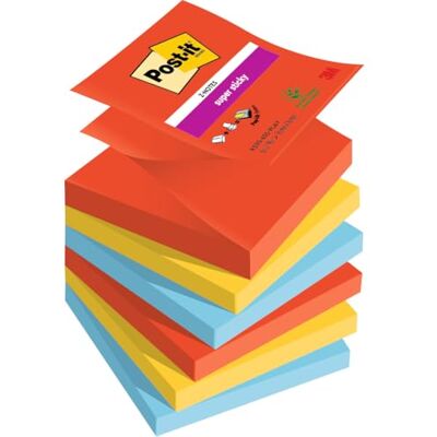 Post-it Super Sticky Z-Notes, 540 Sheets, Pack of 6 Pads, 76 mm x 76 mm Holds Strong to Many Surfaces Red, Yellow, Blue for Walls, Monitors and Fridge, Recycable Post-it Super Sticky Z-Notes, 540 Sheets, Pack of 6 Pads, 76 mm x 76 mm Holds Strong to Many Surfaces Red, Yellow, Blue for Walls, Monitors and Fridge, Recycable