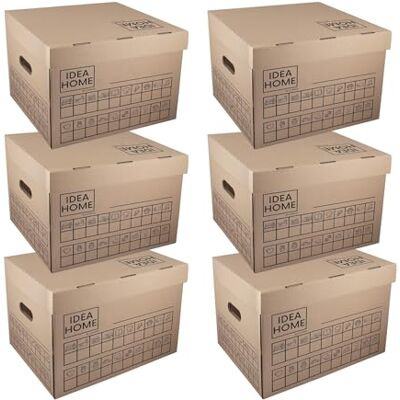 IDEA HOME STOREA 6 Pack Storage Boxes with Lids and Handles, Stackable Cardboard Archive Boxes with Marker, Moving Boxes for Home Office Organisation IDEA HOME STOREA 6 Pack Storage Boxes with Lids and Handles, Stackable Cardboard Archive Boxes with Marker, Moving Boxes for Home Office Organisation