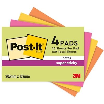 Post-it Super Sticky Meeting Notes, 4 Pads (180 Sheets), 203 mm x 152 mm Self-Stick Notes with Stronger Hold, for Reminders, Lists and Planning, Adhesive on Vertical Surfaces, Repositionable Post-it Super Sticky Meeting Notes, 4 Pads (180 Sheets), 203 mm x 152 mm Self-Stick Notes with Stronger Hold, for Reminders, Lists and Planning, Adhesive on Vertical Surfaces, Repositionable