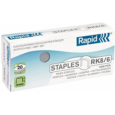 Leitz Rapid RK8/6mm Standard Staples, For Stapling up to 20 Sheets, For use with XXXXX, Galvanised Wire, Box of 5000, 24873700 Leitz Rapid RK8/6mm Standard Staples, For Stapling up to 20 Sheets, For use with XXXXX, Galvanised Wire, Box of 5000, 24873700