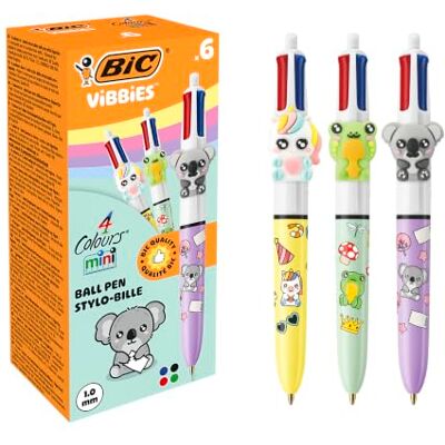 BIC Vibbies 4 Colours Mini Ball Pen Medium Point (1.0 mm) with Fun Animal Figurines Pastel Barrel, Classic Ink Colours, Pack of 6 BIC Vibbies 4 Colours Mini Ball Pen Medium Point (1.0 mm) with Fun Animal Figurines Pastel Barrel, Classic Ink Colours, Pack of 6