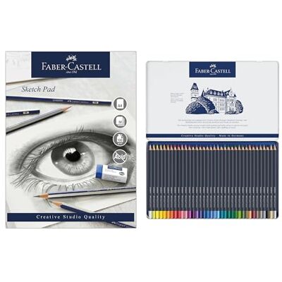 Faber-Castell Goldfaber, Colour Pencil Set, Tin Of 36 & Sketch Pad, A4, Gummed Paper Pad 100 GSM, 50 Sheets Faber-Castell Goldfaber, Colour Pencil Set, Tin Of 36 & Sketch Pad, A4, Gummed Paper Pad 100 GSM, 50 Sheets