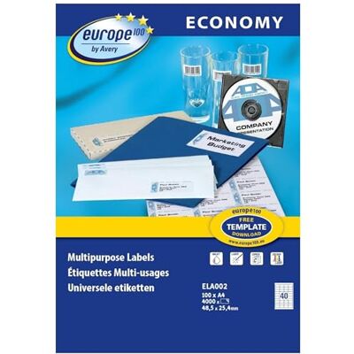 europe 100 4000 Labels, 48.5x25.4mm, White, Multi-Purpose, Self-Adhesive Labels europe 100 4000 Labels, 48.5x25.4mm, White, Multi-Purpose, Self-Adhesive Labels