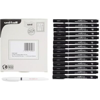 uni -ball Pin Fineliners Set, 0.03-1.2 mm, Black (14-Pack) Includes 1 Gel Pen, Permanent & Waterproof Ink, Ideal for Sketching, Technical Drawing, Comfortable Grip for Long Use uni -ball Pin Fineliners Set, 0.03-1.2 mm, Black (14-Pack) Includes 1 Gel Pen, Permanent & Waterproof Ink, Ideal for Sketching, Technical Drawing, Comfortable Grip for Long Use