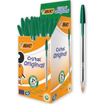 BIC Cristal Original Ballpoint Pens, Medium Point (1.0 mm), Green, Box of 50 Smudge-Free, Every-Day Writing Pens with Clear Barrel, 8373629 BIC Cristal Original Ballpoint Pens, Medium Point (1.0 mm), Green, Box of 50 Smudge-Free, Every-Day Writing Pens with Clear Barrel, 8373629
