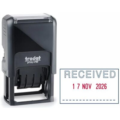 Trodat Printy 4750 Dater Stamp with English Phrase RECEIVED Self Inking, Red Ink Date and Blue Text Trodat Printy 4750 Dater Stamp with English Phrase RECEIVED Self Inking, Red Ink Date and Blue Text