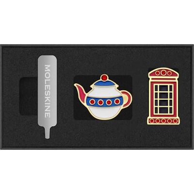 Moleskine Country Themed Pins, Teapot and Telephone Booth Set, United Kingdom, for Notebooks and Planners, Decorative Accessories and Gift Idea Moleskine Country Themed Pins, Teapot and Telephone Booth Set, United Kingdom, for Notebooks and Planners, Decorative Accessories and Gift Idea