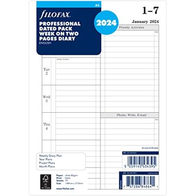 Filofax A5 week to view English diary 2024,White Filofax A5 week to view English diary 2024,White