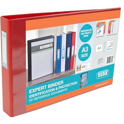 Elba A3 4 D-Ring Binder, 30mm capacity, 55mm spine, Presentation Folder with Customisable Cover, Landscape, Red (Single) Elba A3 4 D-Ring Binder, 30mm capacity, 55mm spine, Presentation Folder with Customisable Cover, Landscape, Red (Single)