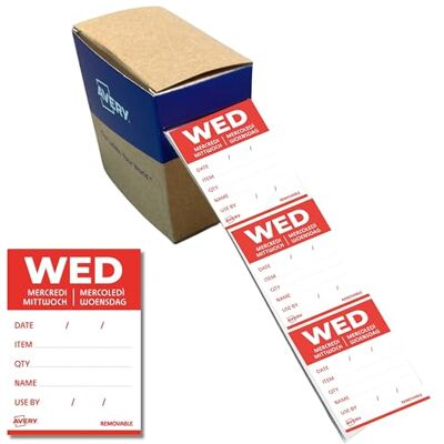 Avery Removable, Hand Writable, Detailed Food Day Labels, Strong Adhesive, 40 x 56 mm, Wednesday, Red, 500 Labels, Preprinted Design (DLDWEDREV-500) Avery Removable, Hand Writable, Detailed Food Day Labels, Strong Adhesive, 40 x 56 mm, Wednesday, Red, 500 Labels, Preprinted Design (DLDWEDREV-500)