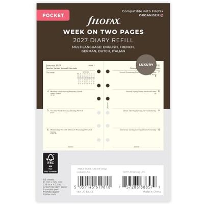 Filofax Pocket Week on two cotton cream 5 language 2027 diary 27-68213 Filofax Pocket Week on two cotton cream 5 language 2027 diary 27-68213