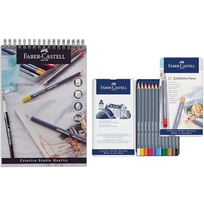 Faber-Castell Goldfaber Aqua, Watercolour Pencils, Tin of 12 & Watercolour Pad, A5, Spiral Bound Paper, 190gsm, 15 Sheets, Art, Drawing, Sketching Faber-Castell Goldfaber Aqua, Watercolour Pencils, Tin of 12 & Watercolour Pad, A5, Spiral Bound Paper, 190gsm, 15 Sheets, Art, Drawing, Sketching