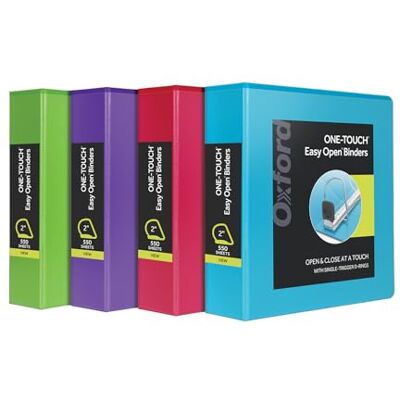 Oxford 3 Ring Binders, 2 Inch ONE-Touch Easy Open D Rings, View Binder Covers, Durable Hinge, Non-Stick, PVC-Free, Fashion Colors, 4 Pack (79913) Oxford 3 Ring Binders, 2 Inch ONE-Touch Easy Open D Rings, View Binder Covers, Durable Hinge, Non-Stick, PVC-Free, Fashion Colors, 4 Pack (79913)