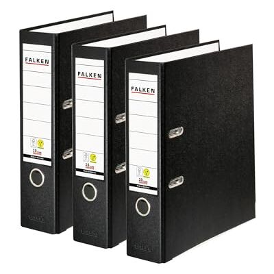 FALKEN Original Pack of 3 Polypropylene Black A4 Storage Binders, Made in Germany, 8 cm Wide, Vegan Plastic, 3-Hole Ring Binder FALKEN Original Pack of 3 Polypropylene Black A4 Storage Binders, Made in Germany, 8 cm Wide, Vegan Plastic, 3-Hole Ring Binder