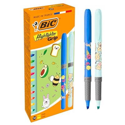 BIC Highlighter Grip Décor Pens Kawaii Series Chiselled Nib Assorted Neon Colours, Pack of 10 BIC Highlighter Grip Décor Pens Kawaii Series Chiselled Nib Assorted Neon Colours, Pack of 10