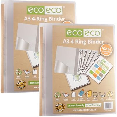eco-eco A3 95% Recycled 4-D Portrait Clear Presentation Ring Binder File Folder, 40mm Spine, Artwork Portfolio, Pack of 2 Folders, eco202x2 eco-eco A3 95% Recycled 4-D Portrait Clear Presentation Ring Binder File Folder, 40mm Spine, Artwork Portfolio, Pack of 2 Folders, eco202x2
