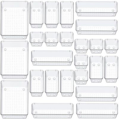 Woobroo 25 Pack Drawer Organizer Set, 4 Size Versatile Storage Trays for Bathroom and Vanity Drawers, Clear Plastic Organizer Bins for Desk, Makeup, Kitchen, Bedroom and Office Woobroo 25 Pack Drawer Organizer Set, 4 Size Versatile Storage Trays for Bathroom and Vanity Drawers, Clear Plastic Organizer Bins for Desk, Makeup, Kitchen, Bedroom and Office