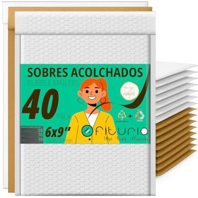 OFITURIA Mix Bubble Envelopes 150 x 220 mm Polyethylene, Kraft and White, Self-Adhesive Mailing Bags, Padded Packaging for Office, E-Commerce and Shipping (Pack of 40) OFITURIA Mix Bubble Envelopes 150 x 220 mm Polyethylene, Kraft and White, Self-Adhesive Mailing Bags, Padded Packaging for Office, E-Commerce and Shipping (Pack of 40)