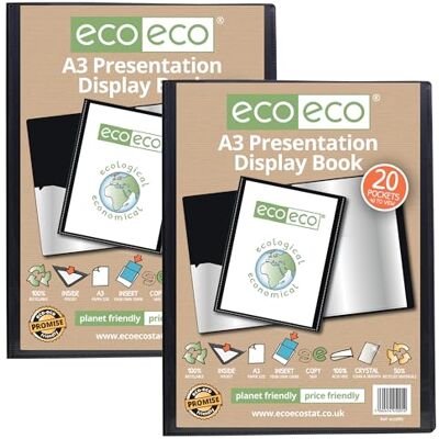 eco-eco A3 Size 50% Recycled 20 Pocket Black Presentation Display Book, Storage Case Portfolio Art Folder with Plastic Sleeves, Pack of 2, eco005x2 eco-eco A3 Size 50% Recycled 20 Pocket Black Presentation Display Book, Storage Case Portfolio Art Folder with Plastic Sleeves, Pack of 2, eco005x2