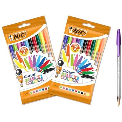 BIC Cristal Multicoloured Ballpoint Pens Large Nib (1.6 mm) Pack of 2 Packs of 10 BIC Cristal Multicoloured Ballpoint Pens Large Nib (1.6 mm) Pack of 2 Packs of 10