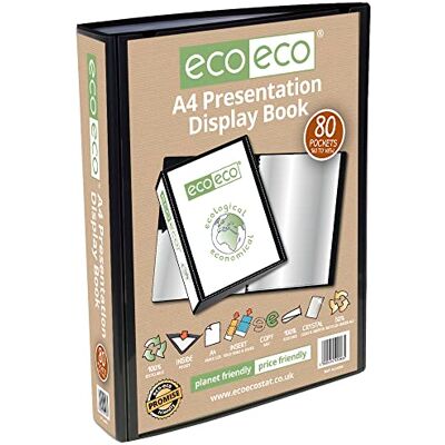eco-eco A4 Size 50% Recycled 80 Pocket Black Presentation Display Book, Storage Case Portfolio Art Folder with Plastic Sleeves eco-eco A4 Size 50% Recycled 80 Pocket Black Presentation Display Book, Storage Case Portfolio Art Folder with Plastic Sleeves