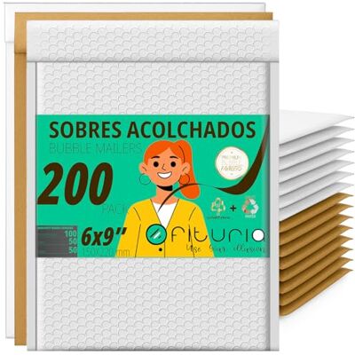 OFITURIA Mix Bubble Envelopes 150 x 220 mm Polyethylene, Kraft and White, Self-Adhesive Mailing Bags, Padded Packaging for Office, E-Commerce and Shipping (Pack of 200) OFITURIA Mix Bubble Envelopes 150 x 220 mm Polyethylene, Kraft and White, Self-Adhesive Mailing Bags, Padded Packaging for Office, E-Commerce and Shipping (Pack of 200)