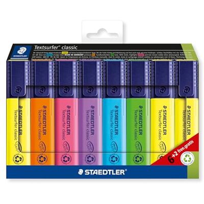 STAEDTLER 364 A C8 Textsurfer Classic Highlighter Assorted Colours (Card Pack of 6+2 FREE) STAEDTLER 364 A C8 Textsurfer Classic Highlighter Assorted Colours (Card Pack of 6+2 FREE)