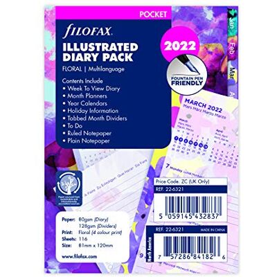 Filofax Pocket Illustrated Floral Week on 2 Pages 2022 Diary Pack, 22-6321 Filofax Pocket Illustrated Floral Week on 2 Pages 2022 Diary Pack, 22-6321