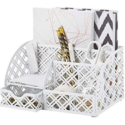 EXERZ Desk Organiser/Mesh Desk Tidy Caddy/Pen Holder/Multifunctional Organiser with 7 Compartments (White) EXERZ Desk Organiser/Mesh Desk Tidy Caddy/Pen Holder/Multifunctional Organiser with 7 Compartments (White)