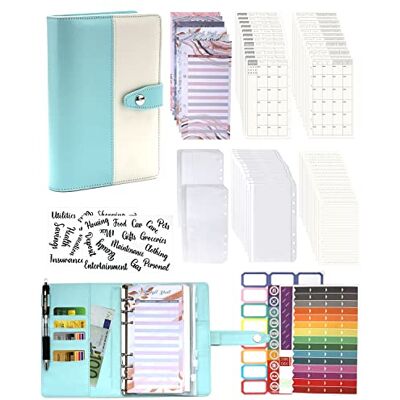 Autwogo A6 Binder Budget Planner Notebook 90 Pieces Leather Ring Binder Set, 6 Holes Loose Leaf Notebook Folder Money Saving Folder with Budget Card/Calendar Card/PVC Bag/Refill Paper/Label Stickers Autwogo A6 Binder Budget Planner Notebook 90 Pieces Leather Ring Binder Set, 6 Holes Loose Leaf Notebook Folder Money Saving Folder with Budget Card/Calendar Card/PVC Bag/Refill Paper/Label Stickers