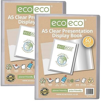 eco-eco stationery limited eco-eco A5 Size 50 Percent Recycled 60 Pocket Clear Presentation Display Book, Storage Case Portfolio Art Folder with Plastic Sleeves, Pack of 2, eco131x2 eco-eco stationery limited eco-eco A5 Size 50 Percent Recycled 60 Pocket Clear Presentation Display Book, Storage Case Portfolio Art Folder with Plastic Sleeves, Pack of 2, eco131x2