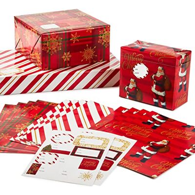 Hallmark Flat Christmas Wrapping Paper Sheets with Cutlines on Reverse and Gift Tag Seals (12 Folded Sheets, 16 Gift Tag Stickers) Red, White and Gold Stripes, Santa Claus, Snowflakes on Plaid Hallmark Flat Christmas Wrapping Paper Sheets with Cutlines on Reverse and Gift Tag Seals (12 Folded Sheets, 16 Gift Tag Stickers) Red, White and Gold Stripes, Santa Claus, Snowflakes on Plaid