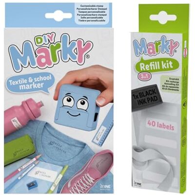 COLOP MARKY Stamp Set in Light Blue, with Black Ink for Labelling Various Objects and Clothing, incl. 3in1 Refill Set with Ink pad, 40 Labels and 1 m thermotape COLOP MARKY Stamp Set in Light Blue, with Black Ink for Labelling Various Objects and Clothing, incl. 3in1 Refill Set with Ink pad, 40 Labels and 1 m thermotape