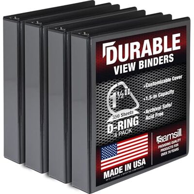 Samsill Durable 1.5 inch 3 Ring Binder, Made in USA, D Ring Binder, FSC 100% Recycled Chipboard, Black, 4 Pack Samsill Durable 1.5 inch 3 Ring Binder, Made in USA, D Ring Binder, FSC 100% Recycled Chipboard, Black, 4 Pack