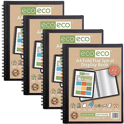 eco-eco A4 50% Recycled 20 Pocket Fold Flat Spiral Bound Display Book, Pack of 4, eco133x4 eco-eco A4 50% Recycled 20 Pocket Fold Flat Spiral Bound Display Book, Pack of 4, eco133x4