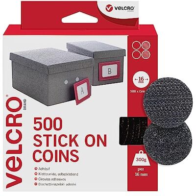 VELCRO Brand Stick On Coins, Hook & Loop Dots, Black 16mm, Set of 500 VELCRO Brand Stick On Coins, Hook & Loop Dots, Black 16mm, Set of 500