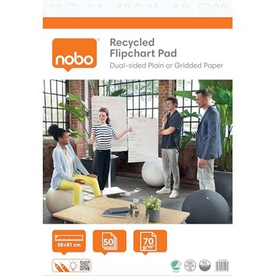 Nobo Recycled Flipchart Pad 58x81cm, Dual-Sided Plain or Gridded Paper, 50 Sheet, 70g/m², 1 Pack, Rolled Nobo Recycled Flipchart Pad 58x81cm, Dual-Sided Plain or Gridded Paper, 50 Sheet, 70g/m², 1 Pack, Rolled
