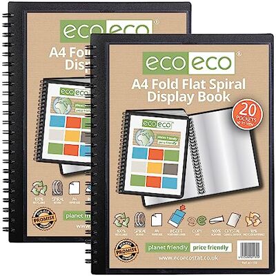 eco-eco A4 50% Recycled 20 Pocket Fold Flat Spiral Bound Display Book, Pack of 2, eco133x2 eco-eco A4 50% Recycled 20 Pocket Fold Flat Spiral Bound Display Book, Pack of 2, eco133x2