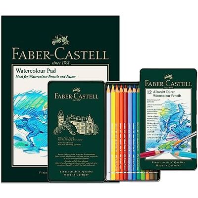 Faber-Castell A4 Watercolour Pad & Tin Of 12 Albrecht Dürer Watercolour Pencils Art Set For Adult Colouring Books, Craft Supplies, Drawing, Sketching, Lightfast Pencils, Schools, Home, College… Faber-Castell A4 Watercolour Pad & Tin Of 12 Albrecht Dürer Watercolour Pencils Art Set For Adult Colouring Books, Craft Supplies, Drawing, Sketching, Lightfast Pencils, Schools, Home, College…