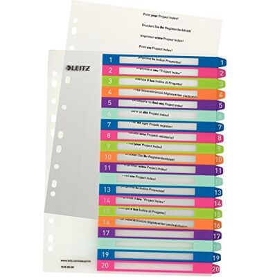 Leitz 1-20 Index, A4, PC Printable, Heavy Duty Plastic, Extra Wide, White/Multi-Coloured, WOW Range, 12450000 Leitz 1-20 Index, A4, PC Printable, Heavy Duty Plastic, Extra Wide, White/Multi-Coloured, WOW Range, 12450000