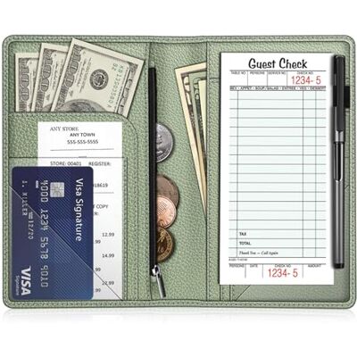 FINTIE Server Book Organizer with Zipper Pocket, PU Leather Restaurant Guest Check Presenters Card Holder for Waitress, Waiter, Bartender (Sage Green) FINTIE Server Book Organizer with Zipper Pocket, PU Leather Restaurant Guest Check Presenters Card Holder for Waitress, Waiter, Bartender (Sage Green)