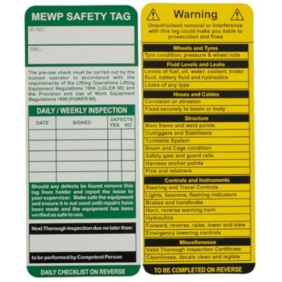 Spectrum Industrial MEWP Safety Tags Pack of 10 Polypropylene W75mm x H180mm Spectrum Industrial MEWP Safety Tags Pack of 10 Polypropylene W75mm x H180mm